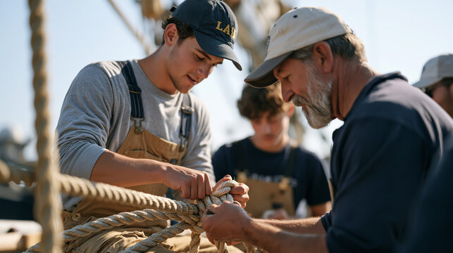 Ropemaker splices thick maritime line at a sun baked harbor yard while a teenage apprentice and a senior rigging master observe nearby, intergenerational interaction showing three
