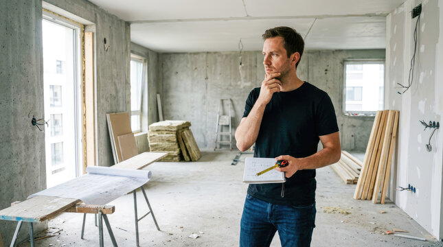 A man contemplates a partially renovated room. He stands in a concrete room with exposed walls and a large window.
