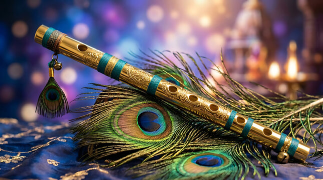 Golden flute with peacock feathers on a blue fabric background for janmashtami celebration