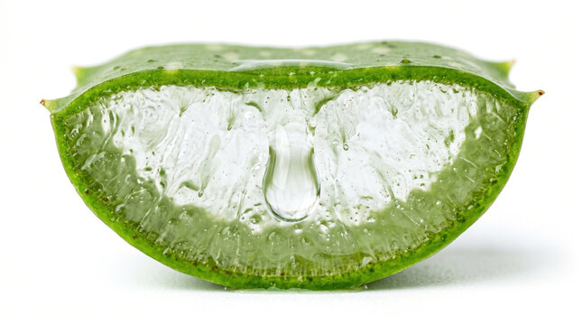 Fresh aloe vera leaf slice with clear jelly and liquid drop on white background ideal for herbal skin care and natural cosmetics.
