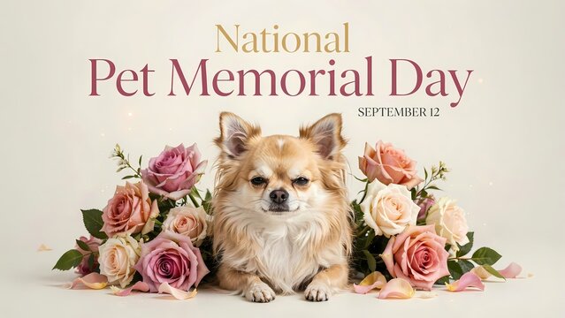 National pet memorial day banner with a cute little dog surrounded by beautiful roses and elegant floral decorations