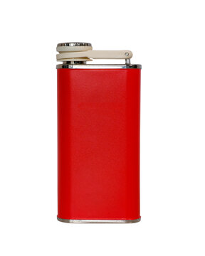 Classic red metal hip flask for liquor isolated on a transparent background. Front view highlighting smooth texture, representing portable beverage accessory mockups and graphic elements.