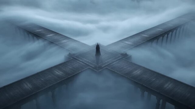 Cloaked figure stands at intersecting wooden bridges surrounded by dense fog and clouds