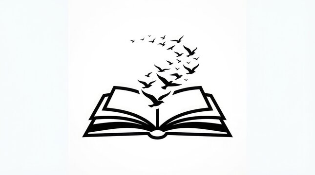 An open book transforming into a flock of flying birds symbolizing freedom, knowledge, imagination, and literature