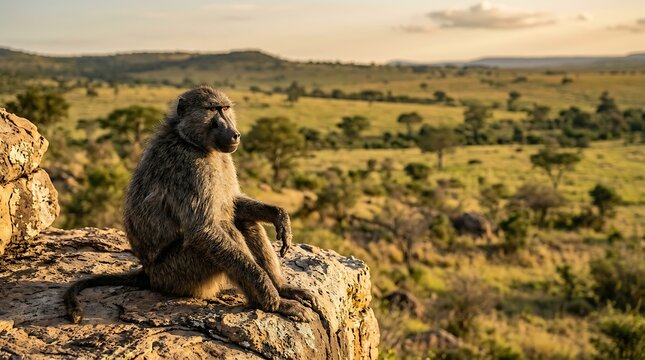 Wild baboon resting on a rocky outcrop in the African savanna at sunset.
