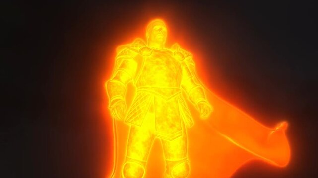 Glowing fiery armored warrior standing with flowing cape in darkness
