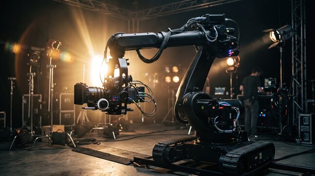 Robotic camera arm operating on professional film set, automated cinematography equipment capturing footage under studio lights for movie production and video content creation.