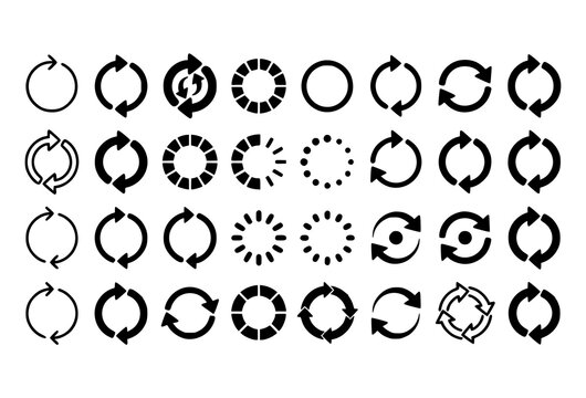 Black rotate arrow vector pack with circular loading refresh and workflow direction icons