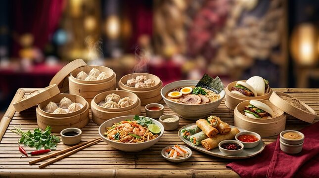 Abundant Asian food spread with dim sum, ramen, bao buns, and stir-fried noodles on a bamboo table