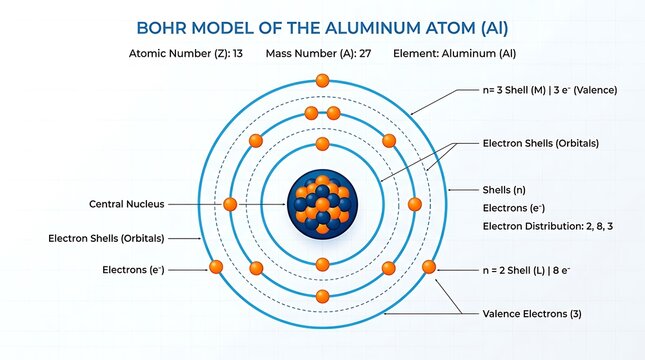 Bohr model diagram of an aluminum atom showing electron shells and nucleus structure.