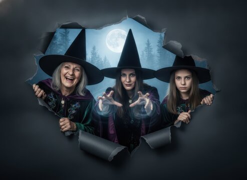 Three women dressed as witches wearing black hats in front of a full moon at night
