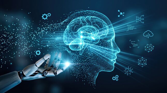 Robotic hand touching digital human brain profile, artificial intelligence and machine learning, neural network connectivity visualization, future technology interaction between