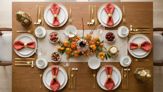 Elegant dinner table setting with floral centerpiece and bows isolated on white background, illustration