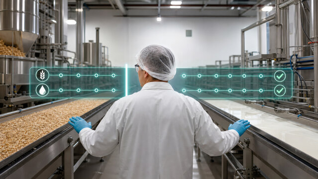 Manager monitoring segregated food production lines