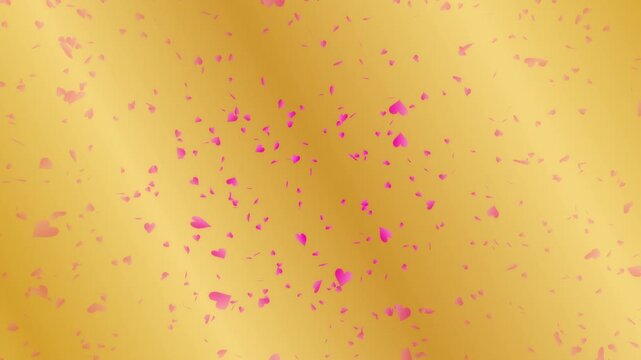Pink heart shapes being lit up and falling down on gold gradient moving background. Abstract background for Happy Valentine's day and wedding ceremony.