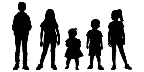 Five black silhouettes of children standing in a row, ranging from a small toddler to a tall teenager, isolated on white