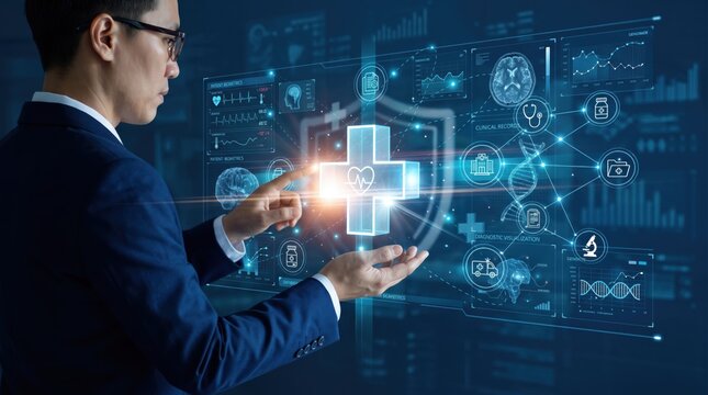 Businessman touching futuristic medical cross icon on virtual screen, healthcare administration and insurance, clinical data analysis and pharmaceutical industry management