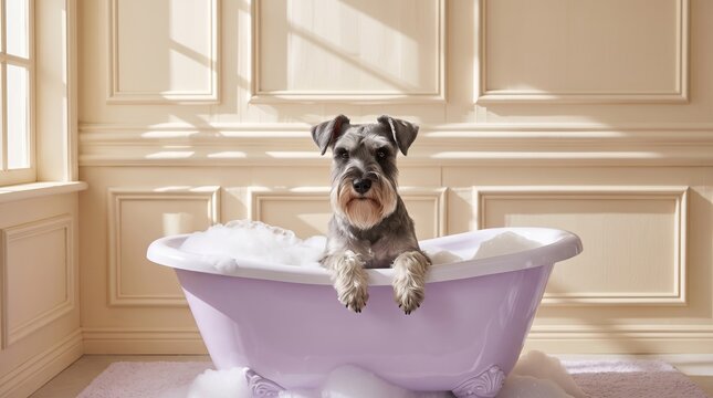 Cute schnauzer dog sitting in pink bathtub with soap bubbles, enjoying bath time in bright luxury bathroom interior with natural sunlight streaming through window