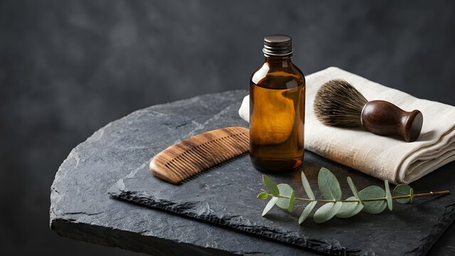 Wooden foot scraper with essential oil bottle on towel isolated on white background, illustration