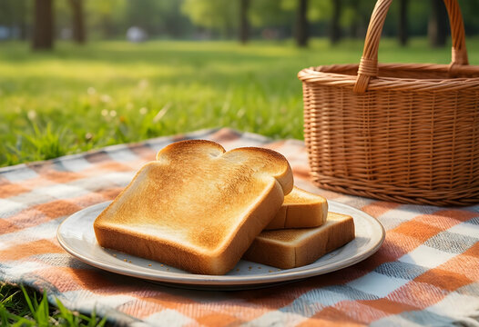 Toasted bread slices on a plate with a picnic basket and checkered blanket in a sunny park setting, a wicker picnic basket sits nearby, a leisurely meal or gathering