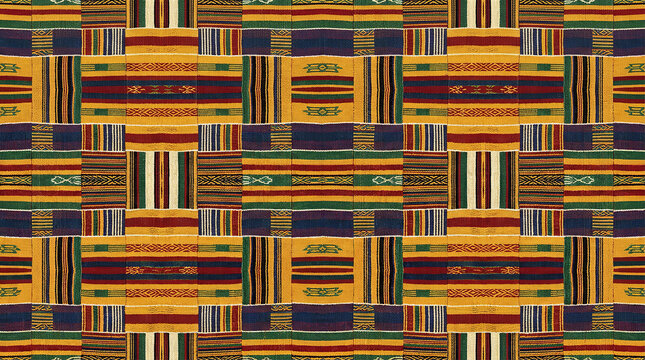 Traditional kente cloth pattern with vibrant geometric stripes for cultural textiles and fashion design.