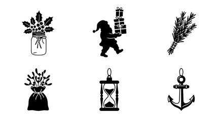 Naklejka premium Set of black silhouette icons featuring holiday and nautical elements including holly, gift-bearing figure, pine branch, burlap sack, hourglass