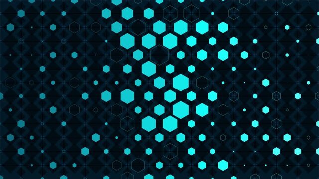 Futuristic dark teal background with glowing cyan hexagonal dots arranged in a flowing digital pattern