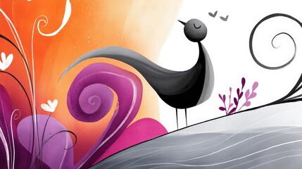Obraz premium Artistic Illustration of a Whimsical Black Bird with Heart-Shaped Elements and Flourishes