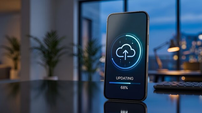 Mobile device synchronization showing smartphone downloading cloud software update with glowing blue progress interface