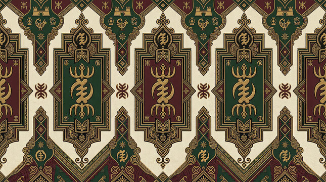 West african heritage pattern featuring adinkra symbols in gold green and dark red for cultural design projects.