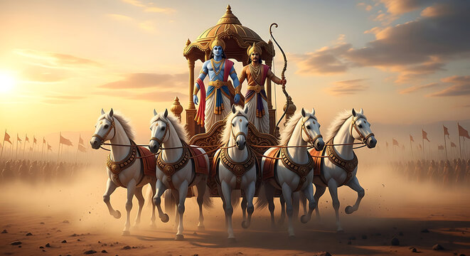 Lord krishna and arjuna on a chariot in the battlefield of kurukshetra