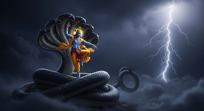 Lord krishna dancing on the multiheaded serpent kaliya naga during a storm