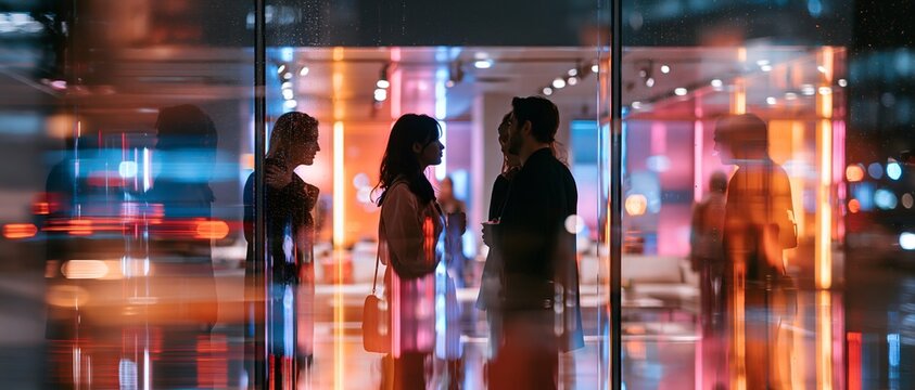 Nighttime city scene with blurred lights and reflections