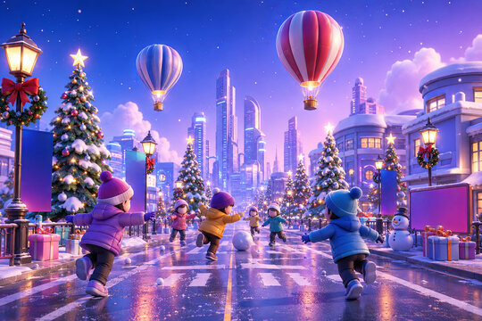 An illustration of children's fun and the vibrant colors of Christmas.