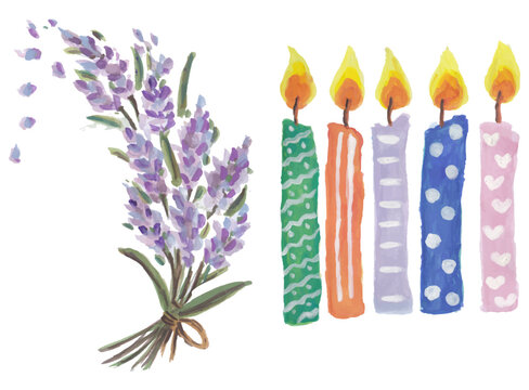 Lavender and candles hand drawn watercolor art
