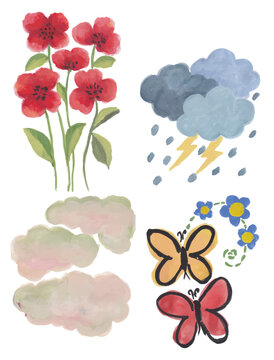 Red flowers, cloudy and stormy, pastel cloud, butterflies and flowers hand drawn watercolour