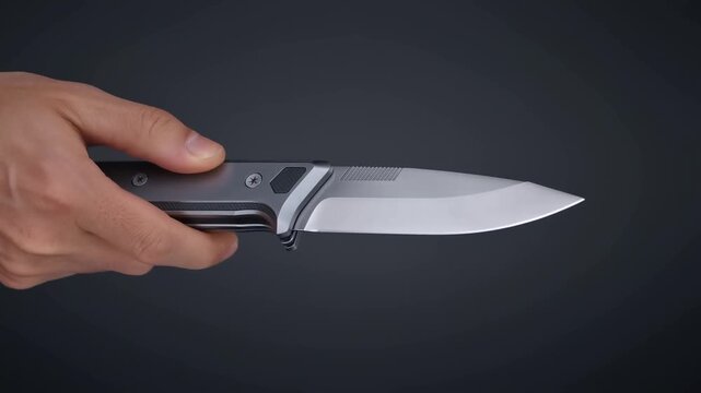 Hand holding open folding knife with reflective steel blade against dark background
