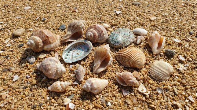 Assorted seashells and snail shells on sandy beach ground.