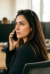 Fototapeta premium Professional woman in black blazer talking on a smartphone in a modern office environment, business communication