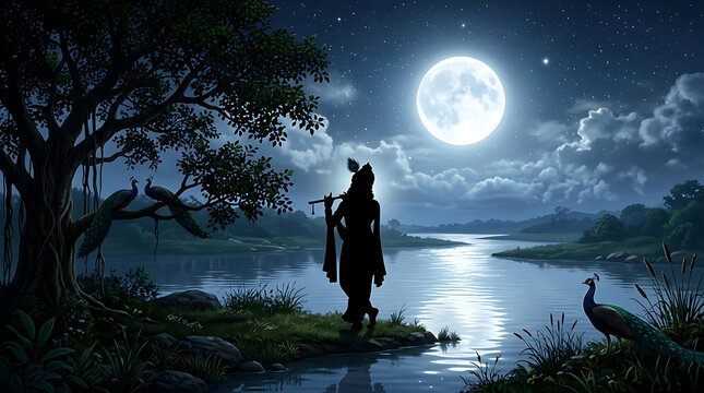 Lord krishna silhouette playing bansuri under full moonlit night sky with peacocks