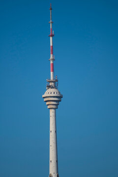 Isolated Baku TV Tower spire with blue sky copy space