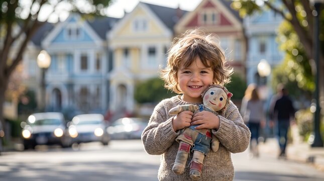 Happy child with doll in neighborhood