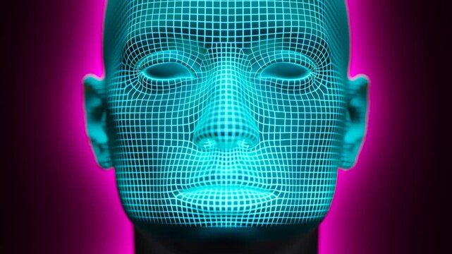 Digital human face remains still with glowing cyan forehead grid against magenta background