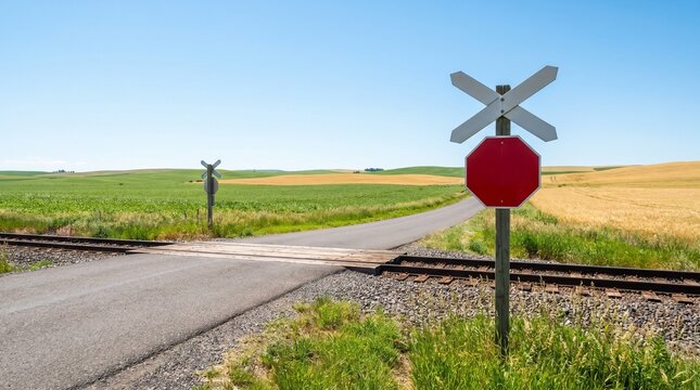 Scenic rural railroad crossing with a crossbuck sign on a country road