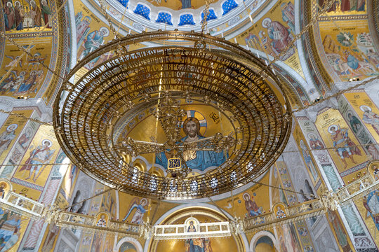 Golden Chandelier and Mosaics in Saint Sava Temple, Belgrade
