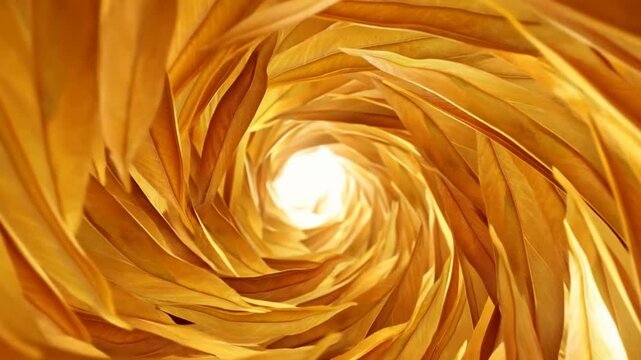 Golden leaf tunnel forms a spiral around bright central opening in static closeup