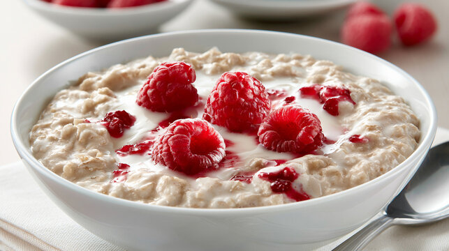 Bowl of creamy oatmeal porridge with fresh raspberries and berry sauce