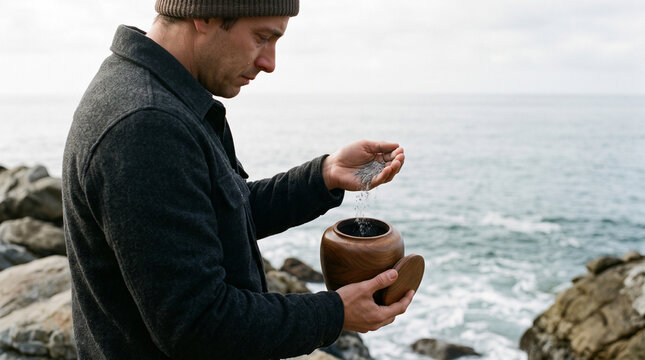 Person scattering ashes from a wooden cremation urn by the ocean.