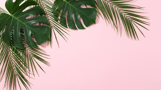Top View Frame of Monstera and Palm Leaves on Pink Background