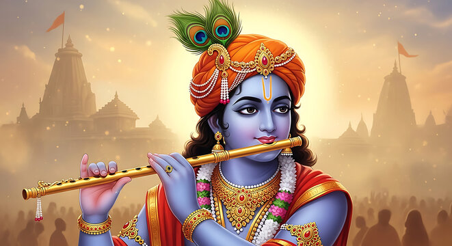 Lord krishna playing the flute with a temple background in a divine golden light